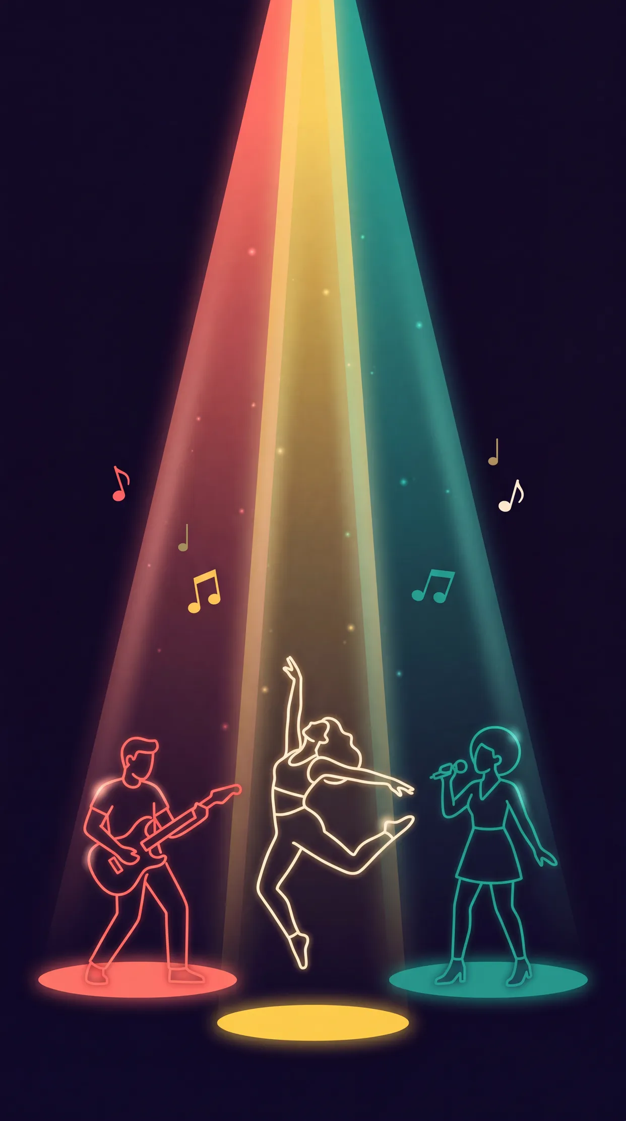 Performers — a guitarist, dancer, and singer — glowing under stage spotlights